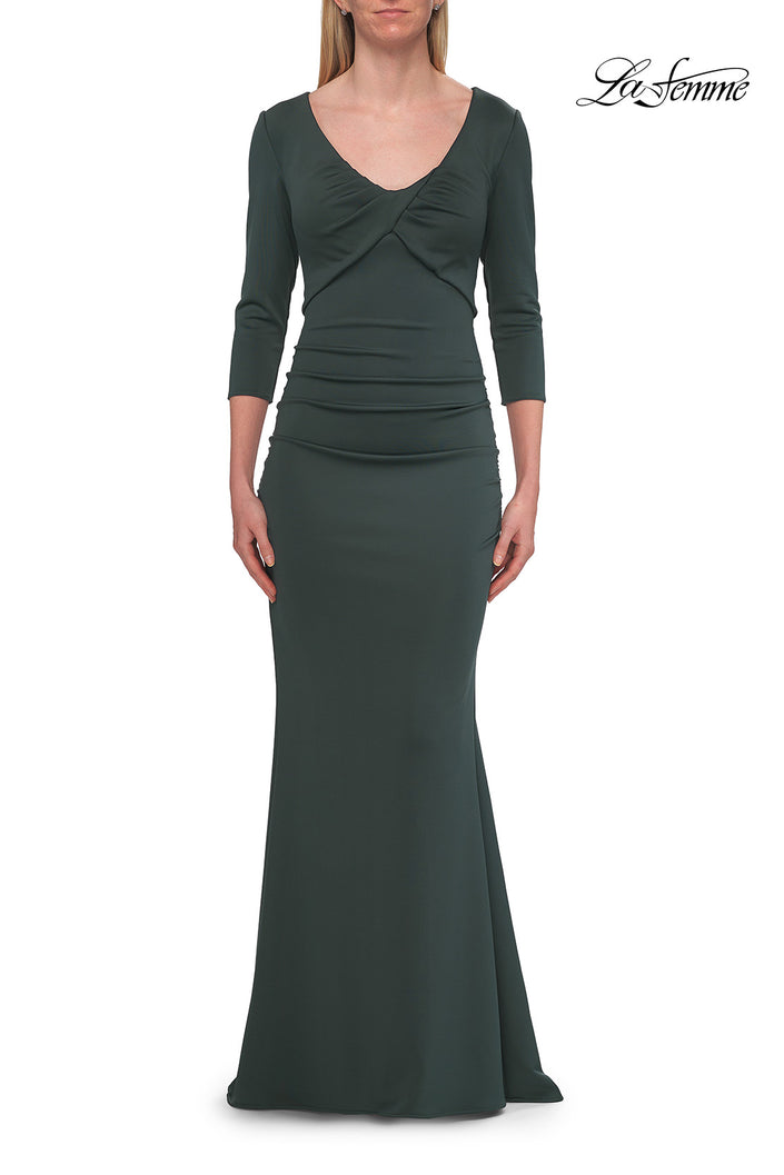 Picture of: Three-Quarter Sleeve Jersey Gown with Ruched Bodice in Dark Emerald, Style: 33540, Detail Picture 8