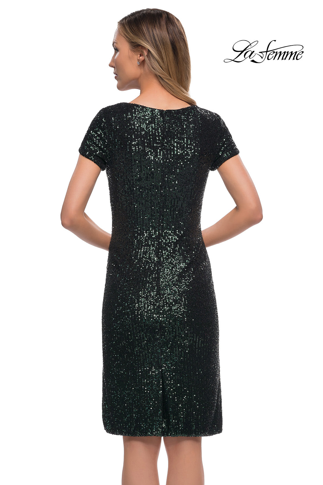 Picture of: Knee Length Sequin Dress with Short Sleeves in Dark Emerald, Back Picture