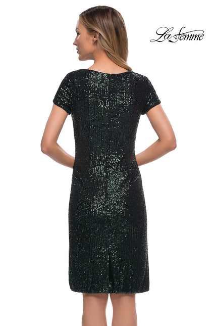 Picture of: Knee Length Sequin Dress with Short Sleeves in Dark Emerald, Back Picture