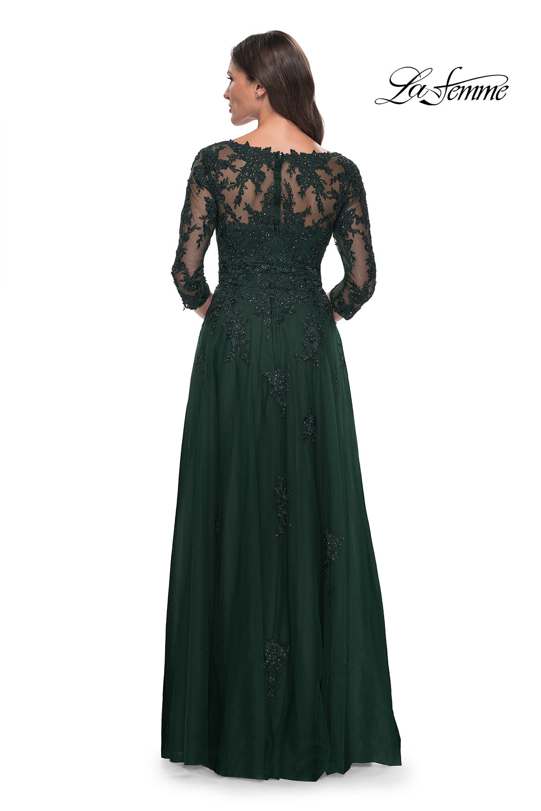 Picture of: Tulle and Lace A-Line Dress with V Neckline in Dark Emerald, Style: 30398, Back Picture