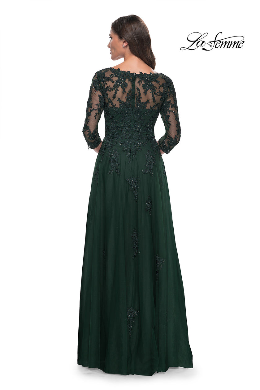 Picture of: Tulle and Lace A-Line Dress with V Neckline in Dark Emerald, Style: 30398, Back Picture