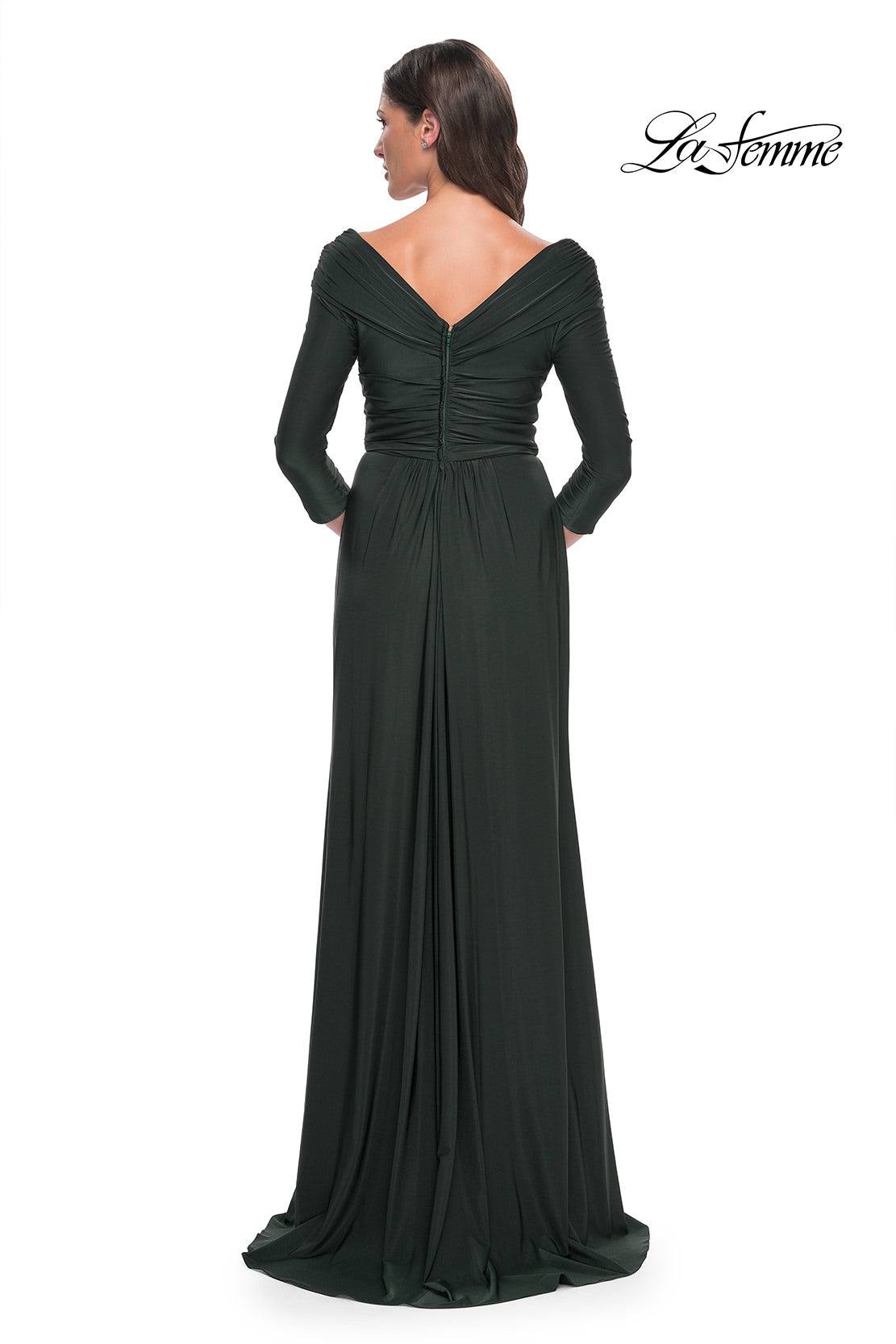 Picture of: Ruched Long Dress with Ruffle Skirt Detail and Sleeves in Dark Emerald, Style: 30845, Back Picture
