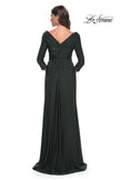 Picture of: Ruched Long Dress with Ruffle Skirt Detail and Sleeves in Dark Emerald, Style: 30845, Back Picture