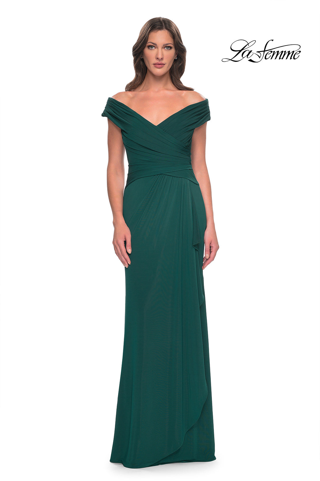 Picture of: Long Luxurious Jersey Off the Shoulder Evening Gown in Dark Emerald, Style: 30040, Detail Picture 1