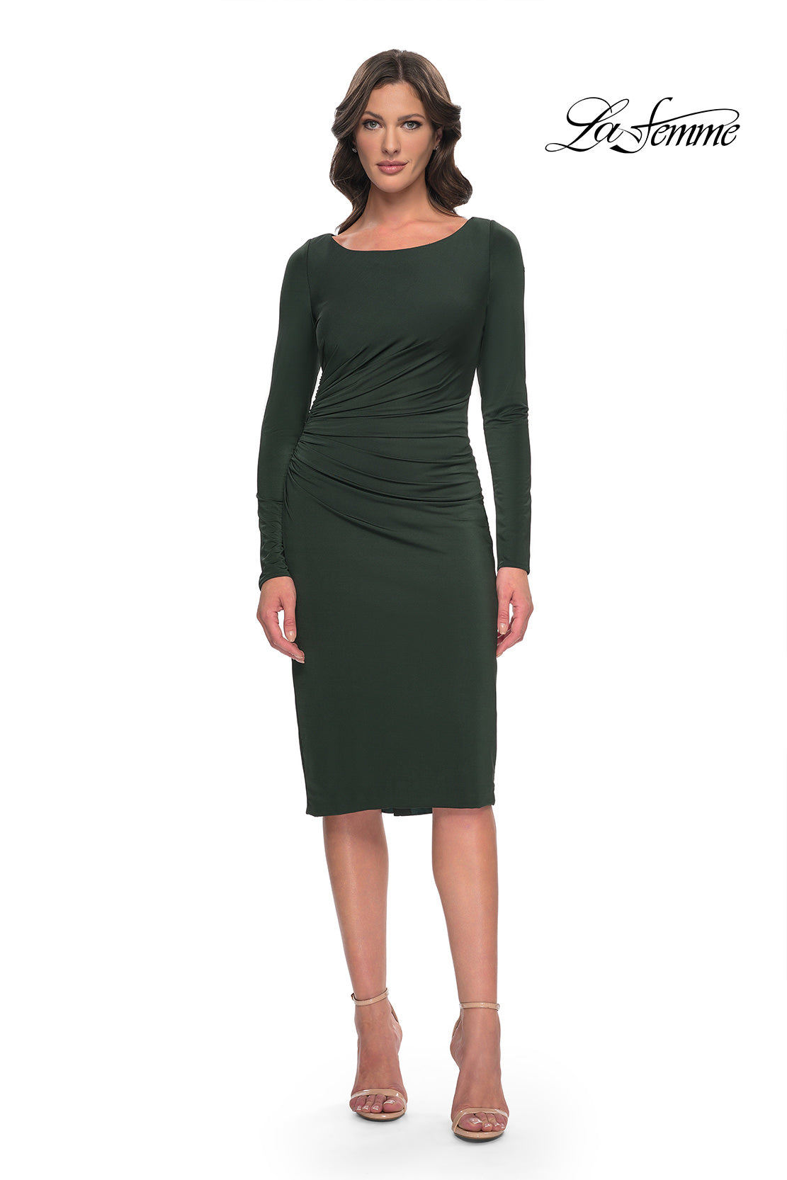 Picture of: Short Simple Jersey Dress with Flattering Ruching in Dark Emerald, Style: 31015, Detail Picture 1