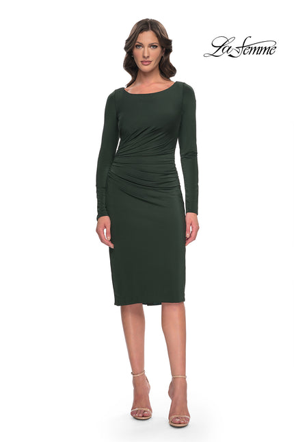 Picture of: Short Simple Jersey Dress with Flattering Ruching in Dark Emerald, Style: 31015, Detail Picture 1