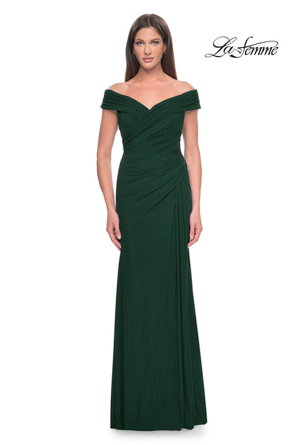 Picture of: Off the Shoulder Jersey Evening Gown with Ruching in Dark Emerald, Style: 31677, Detail Picture 1
