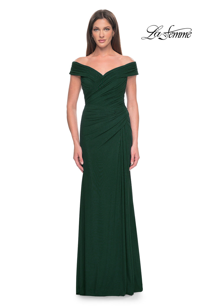 Picture of: Off the Shoulder Jersey Evening Gown with Ruching in Dark Emerald, Style: 31677, Detail Picture 1