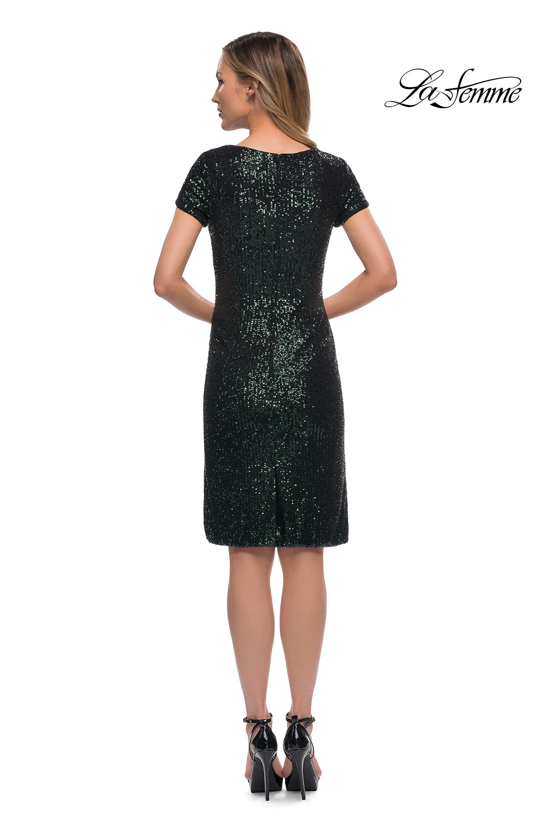 Picture of: Knee Length Sequin Dress with Short Sleeves in Dark Emerald, Detail Picture 3