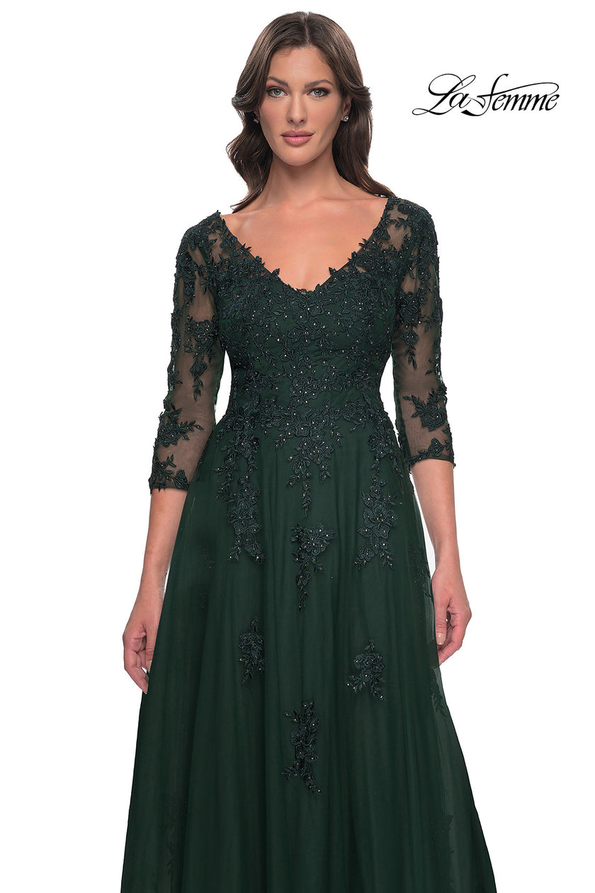 Picture of: Tulle and Lace A-Line Dress with V Neckline in Dark Emerald, Style: 30398, Detail Picture 5