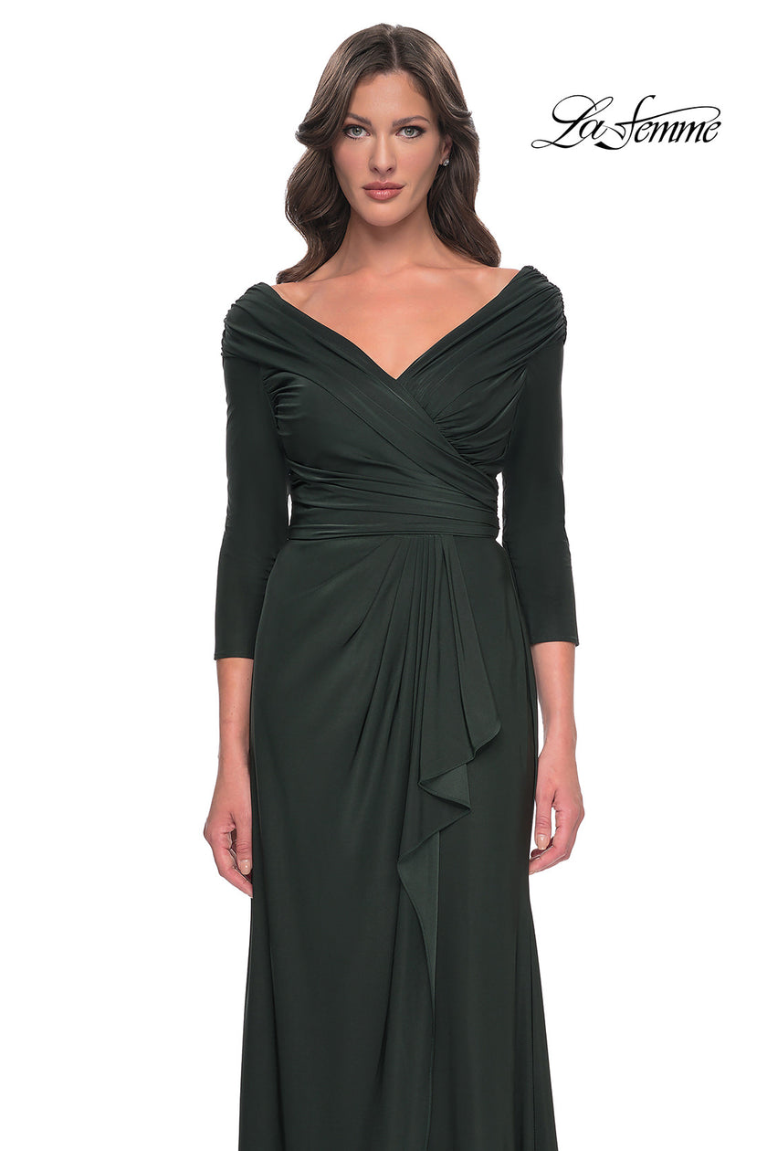 Picture of: Ruched Long Dress with Ruffle Skirt Detail and Sleeves in Dark Emerald, Style: 30845, Detail Picture 5