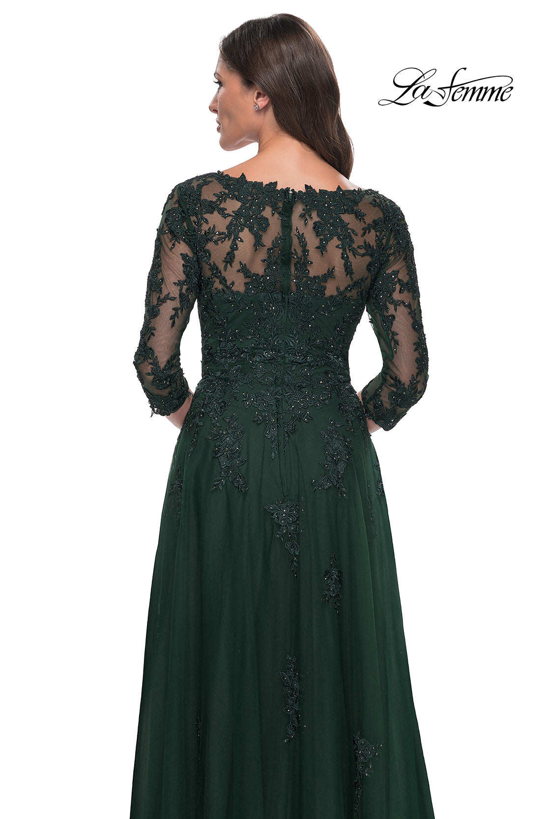 Picture of: Tulle and Lace A-Line Dress with V Neckline in Dark Emerald, Style: 30398, Detail Picture 6