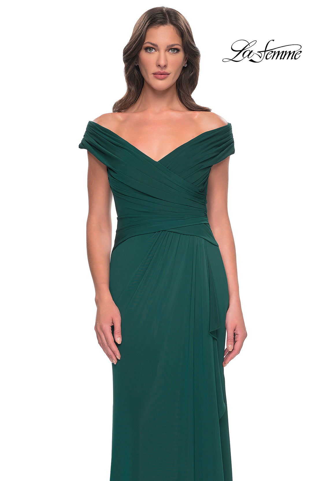 Picture of: Long Luxurious Jersey Off the Shoulder Evening Gown in Dark Emerald, Style: 30040, Detail Picture 7