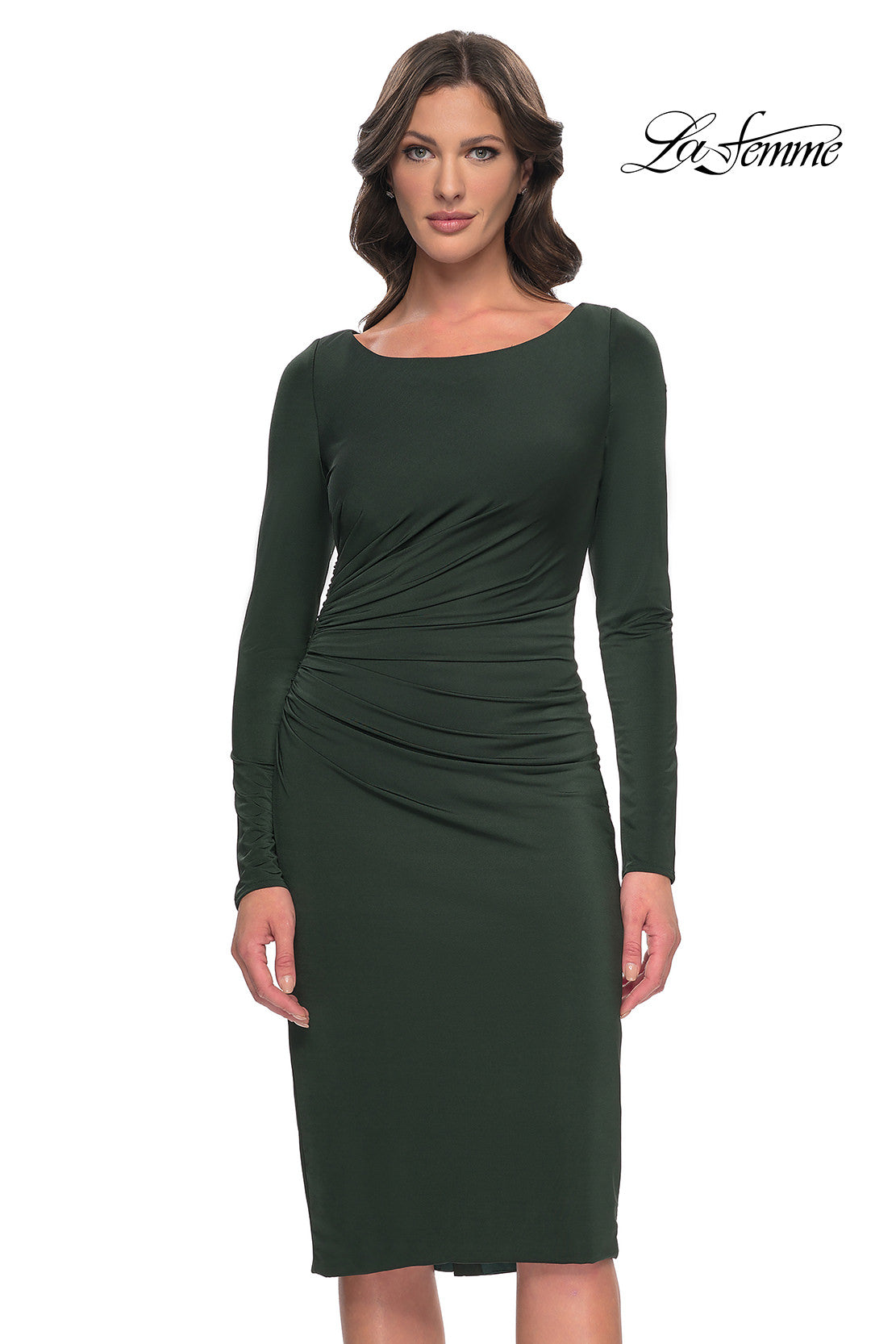Picture of: Short Simple Jersey Dress with Flattering Ruching in Dark Emerald, Style: 31015, Detail Picture 7