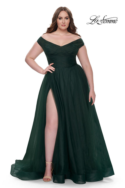 Picture of: A-Line Tulle Off the Shoulder Plus Size Dress with Slit in Dark Emerald, Style: 32204, Main Picture
