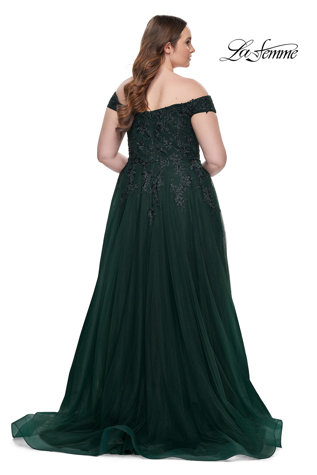 Picture of: Off The Shoulder Tulle Plus Size Gown with Lace in Dark Emerald, Style: 28950, Detail Picture 8