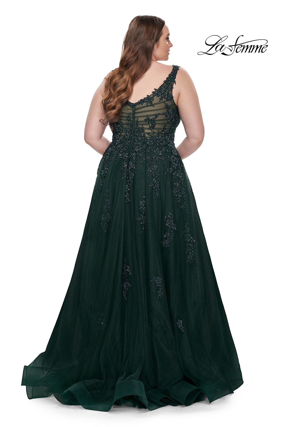 Picture of: Lace Embellished Tulle A-Line Dress with Illusion Back in Dark Emerald, Style: 31383, Detail Picture 8