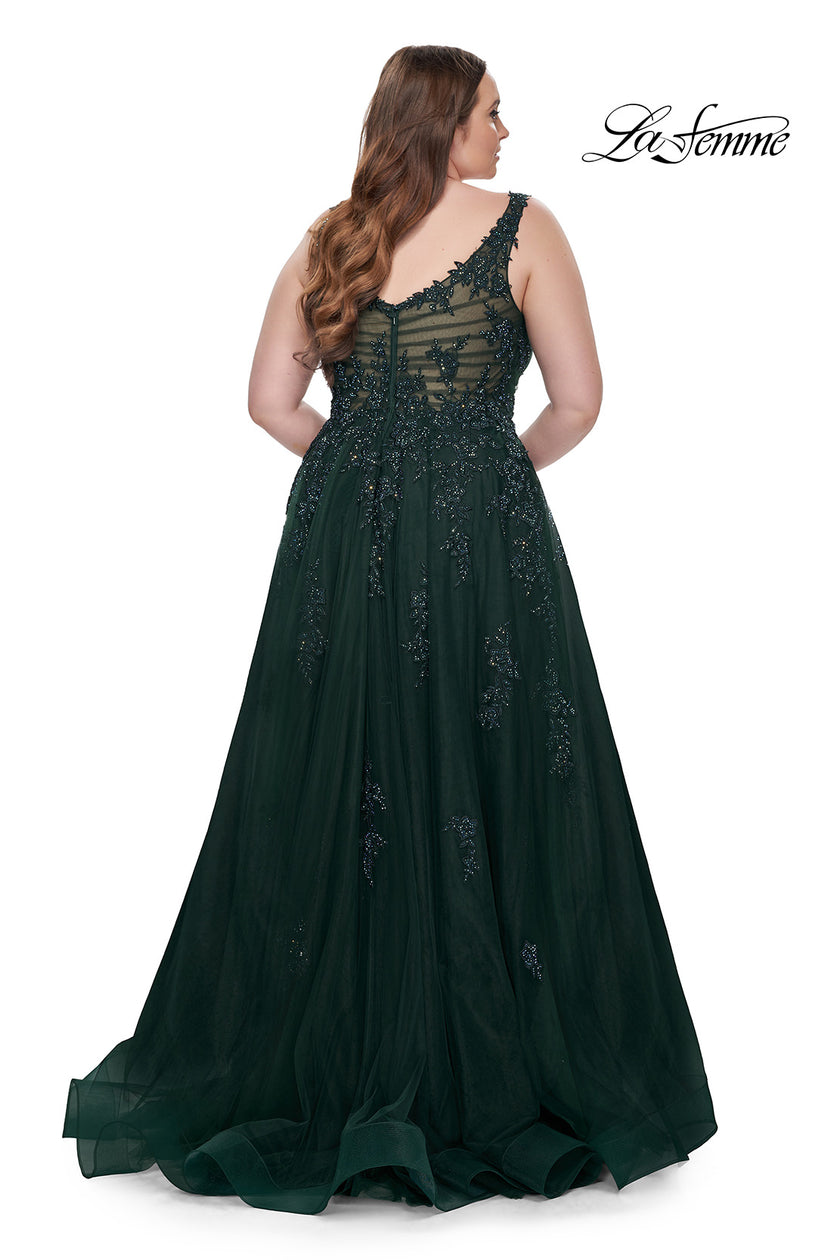 Picture of: Lace Embellished Tulle A-Line Dress with Illusion Back in Dark Emerald, Style: 31383, Detail Picture 8
