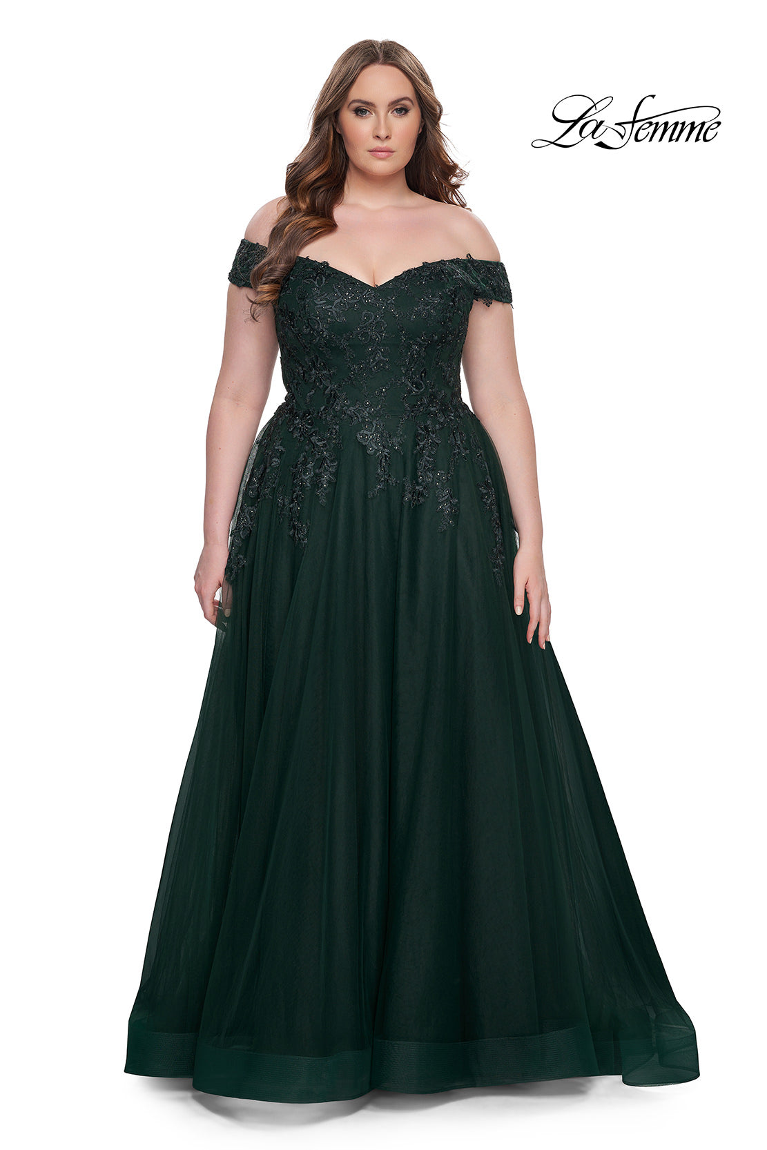 Picture of: Off The Shoulder Tulle Plus Size Gown with Lace in Dark Emerald, Style: 28950, Detail Picture 9