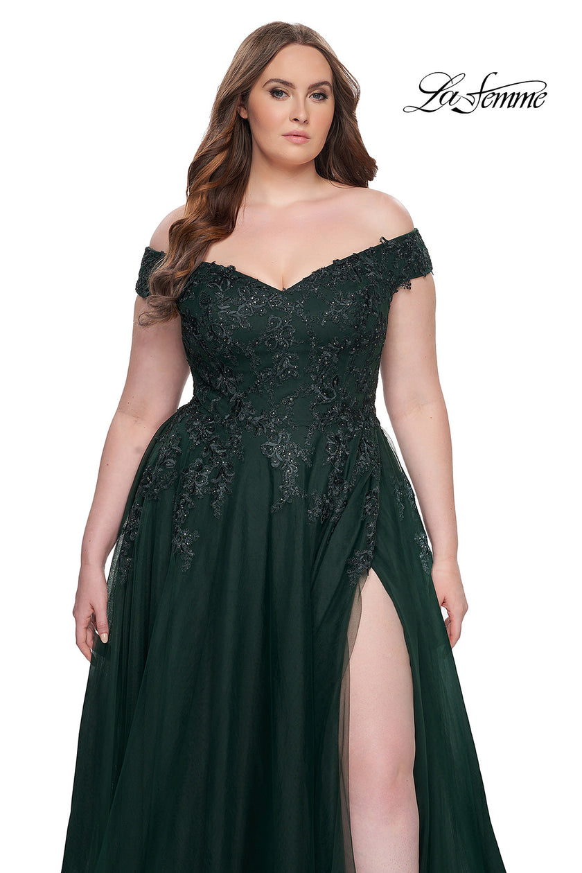 Picture of: Off The Shoulder Tulle Plus Size Gown with Lace in Dark Emerald, Style: 28950, Detail Picture 10