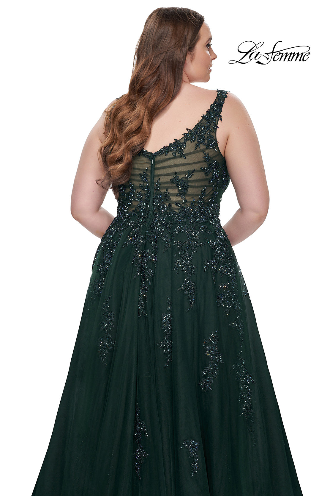 Picture of: Lace Embellished Tulle A-Line Dress with Illusion Back in Dark Emerald, Style: 31383, Detail Picture 10