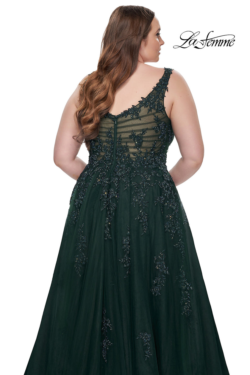 Picture of: Lace Embellished Tulle A-Line Dress with Illusion Back in Dark Emerald, Style: 31383, Detail Picture 10