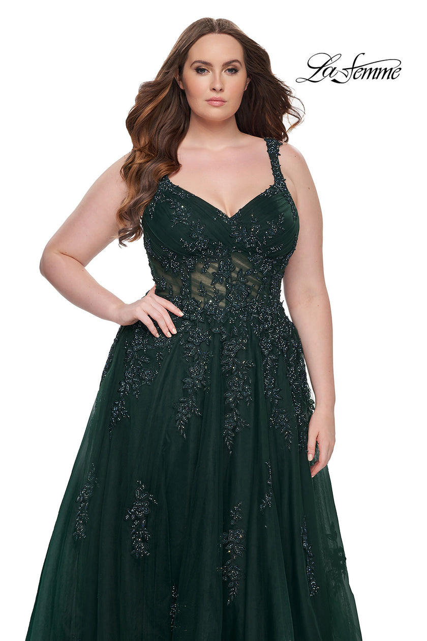 Picture of: Lace Embellished Tulle A-Line Dress with Illusion Back in Dark Emerald, Style: 31383, Detail Picture 11