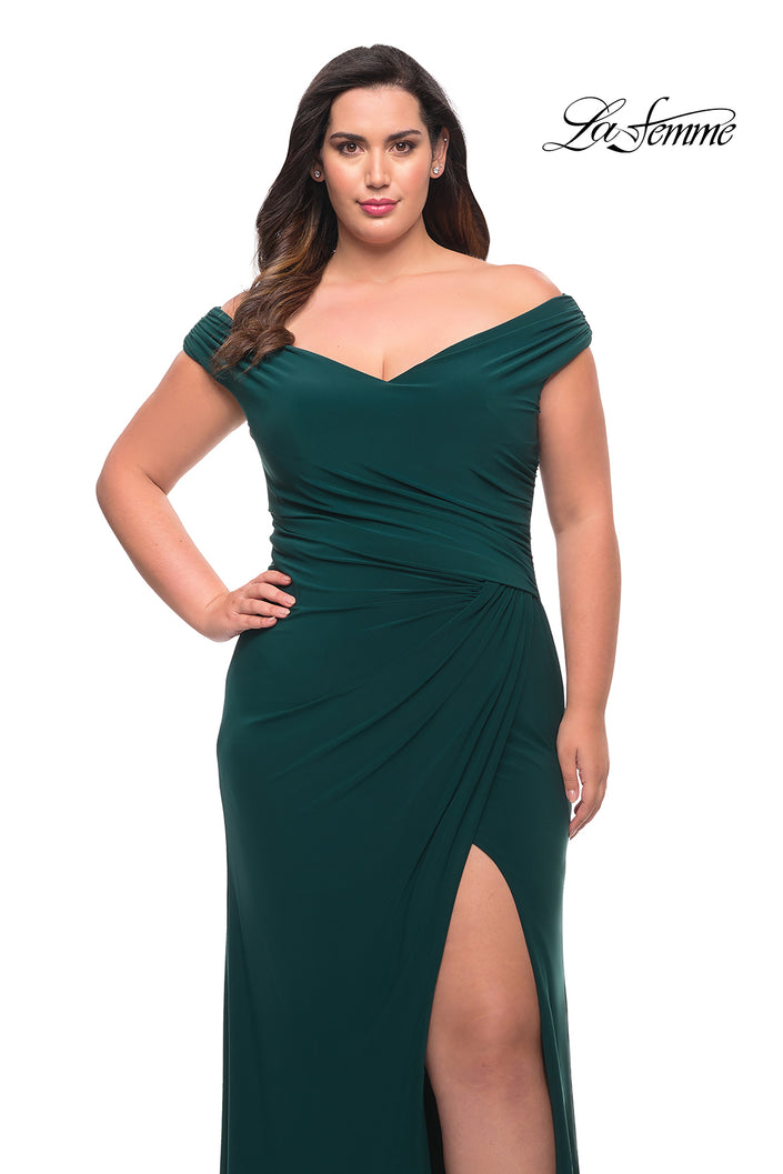 Picture of: Matte Jersey Long Plus Dress with Ruching and Slit in Dark Emerald, Style: 29663, Detail Picture 1