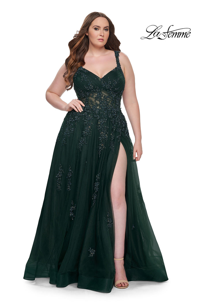 Picture of: Lace Embellished Tulle A-Line Dress with Illusion Back in Dark Emerald, Style: 31383, Detail Picture 1