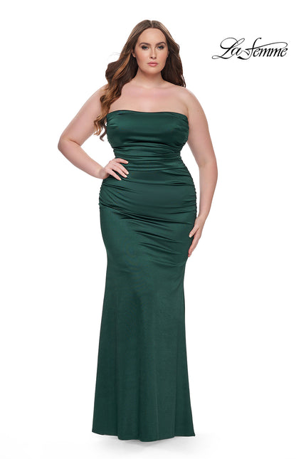 Picture of: Strapless Satin Plus Size Dress with Ruching in Dark Emerald, Style: 32194, Detail Picture 1