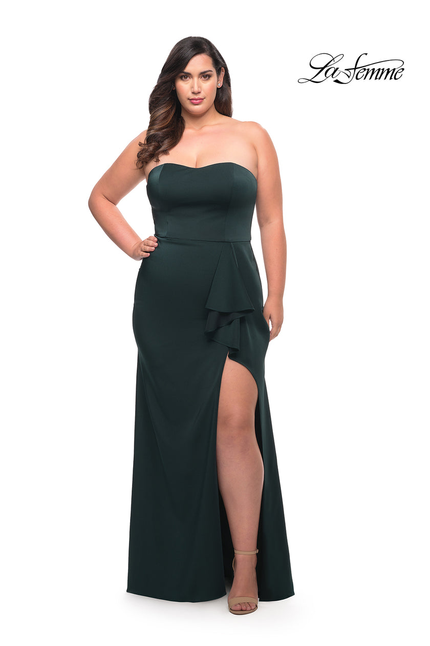 Picture of: Strapless Plus Size Dress with Ruffle Slit Detail in Dark Emerald, Style: 29664, Detail Picture 5