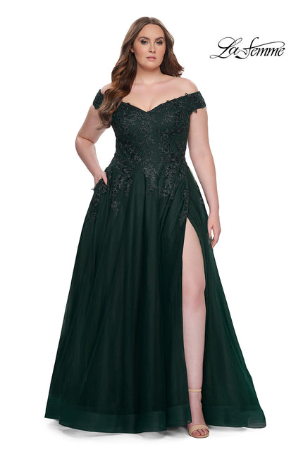 Picture of: Off The Shoulder Tulle Plus Size Gown with Lace in Dark Emerald, Style: 28950, Detail Picture 7