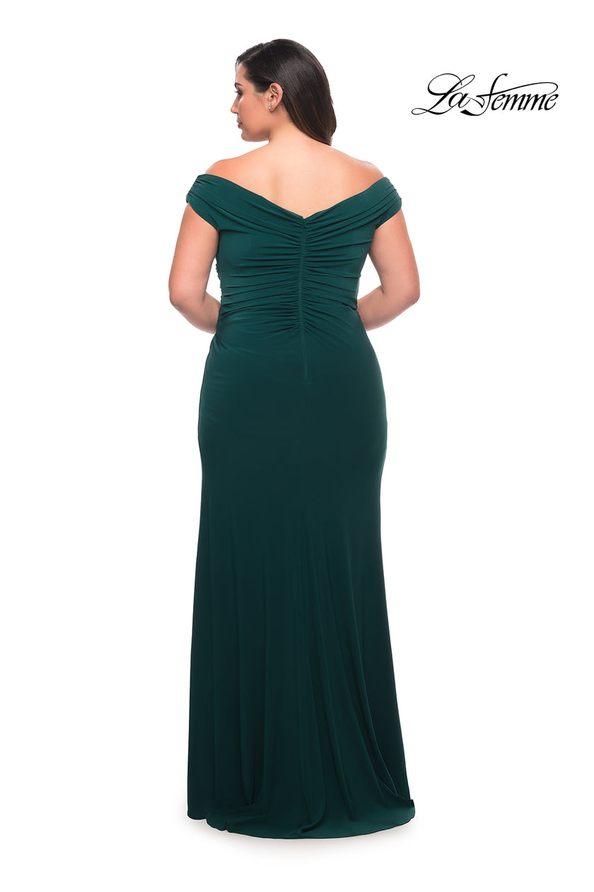 Picture of: Matte Jersey Long Plus Dress with Ruching and Slit in Dark Emerald, Style: 29663, Detail Picture 7