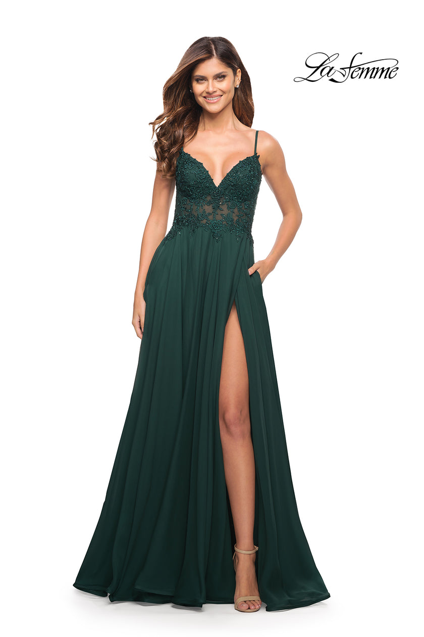 Picture of: A-line Gown with Sheer Floral Embellished Bodice in Emerald in Dark Emerald, Style: 30639, Main Picture