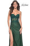 Picture of: Ruched Jersey Skirt with Lace Illusion Top and Rhinestone Prom Dress in Dark Emerald, Style: 32011, Main Picture