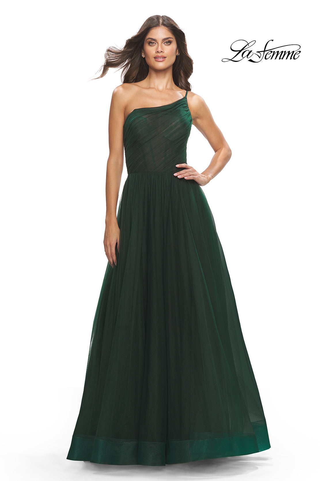 Picture of: One Shoulder A-Line Tulle Gown with Sheer Bodice in Dark Emerald, Style: 31069, Detail Picture 8