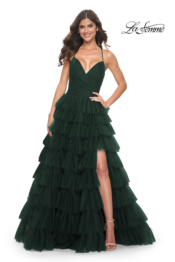 Picture of: A-Line Ruffle Tulle Gown with High Slit and Lace Up Back in Dark Emerald, Style: 32086, Detail Picture 8