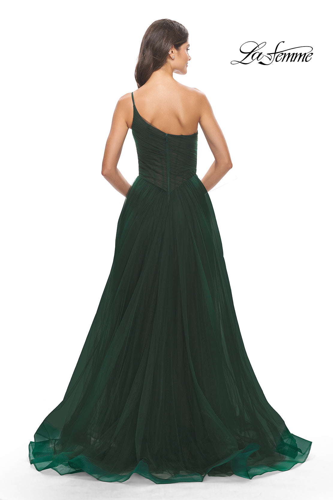 Picture of: One Shoulder A-Line Tulle Gown with Sheer Bodice in Dark Emerald, Style: 31069, Detail Picture 9