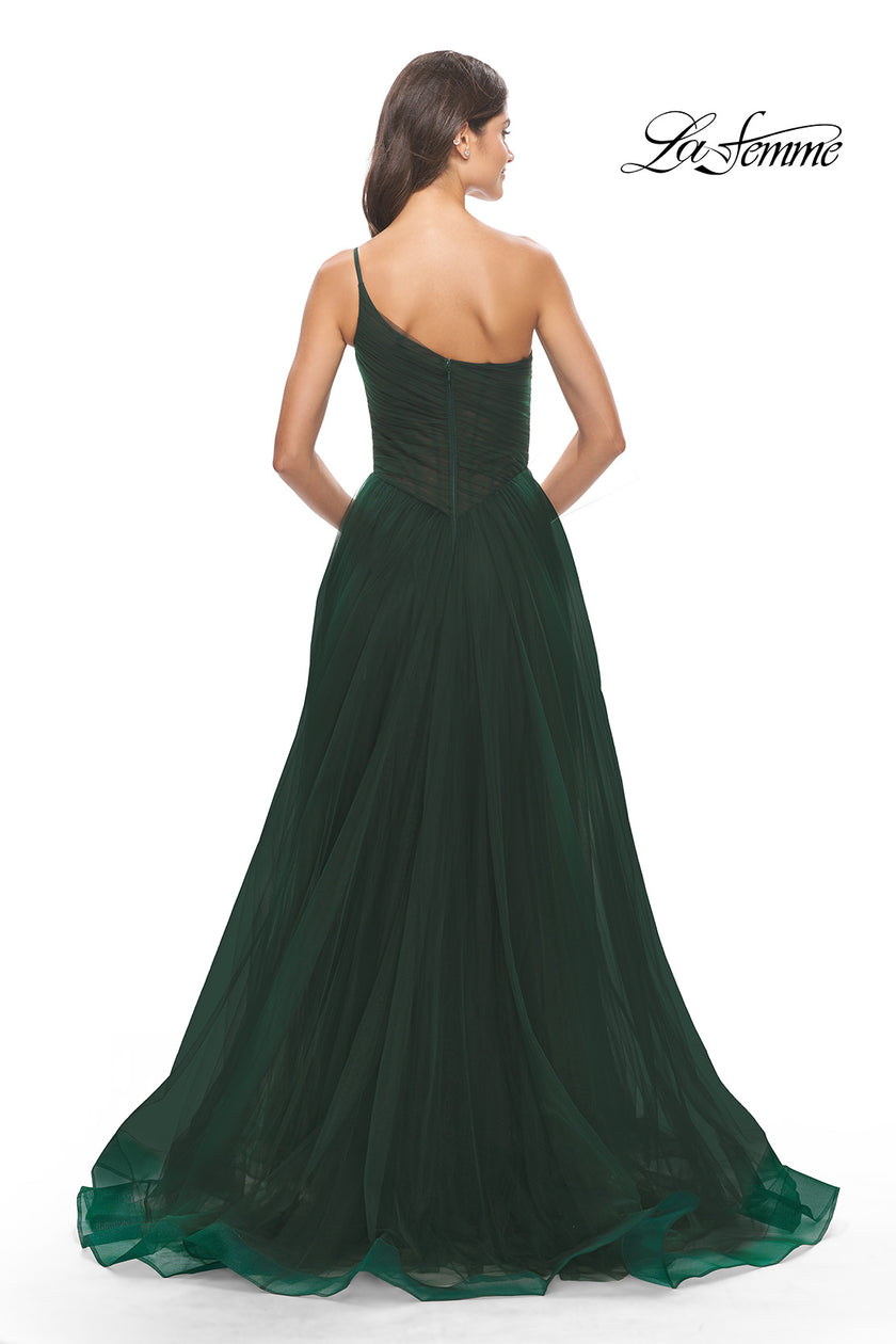 Picture of: One Shoulder A-Line Tulle Gown with Sheer Bodice in Dark Emerald, Style: 31069, Detail Picture 9