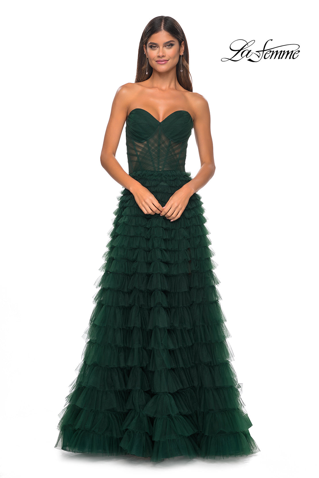 Picture of: A-Line Ruffle Tulle Prom Dress with Sweetheart Top in Dark Emerald, Style: 32283, Detail Picture 9