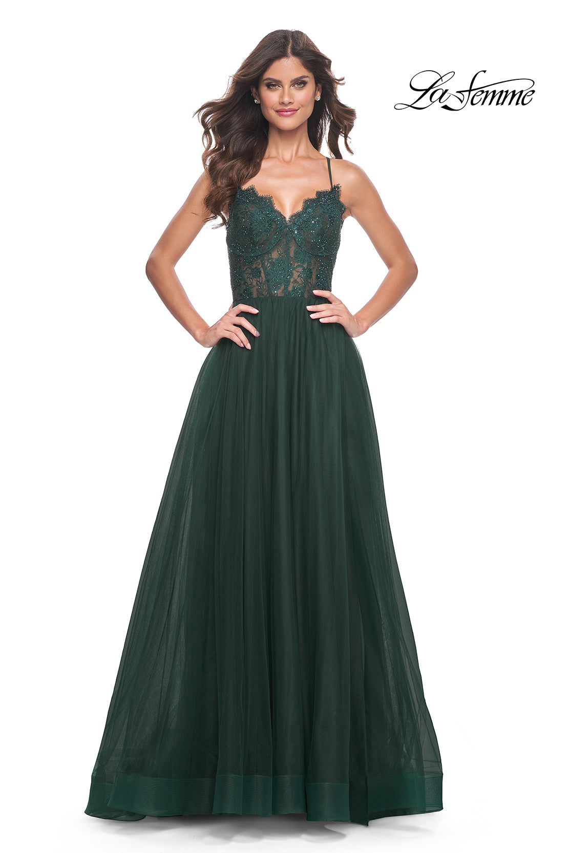 Picture of: Tulle Dress with Full Skirt and Sheer Lace Bodice in Dark Emerald, Style: 32306, Detail Picture 9