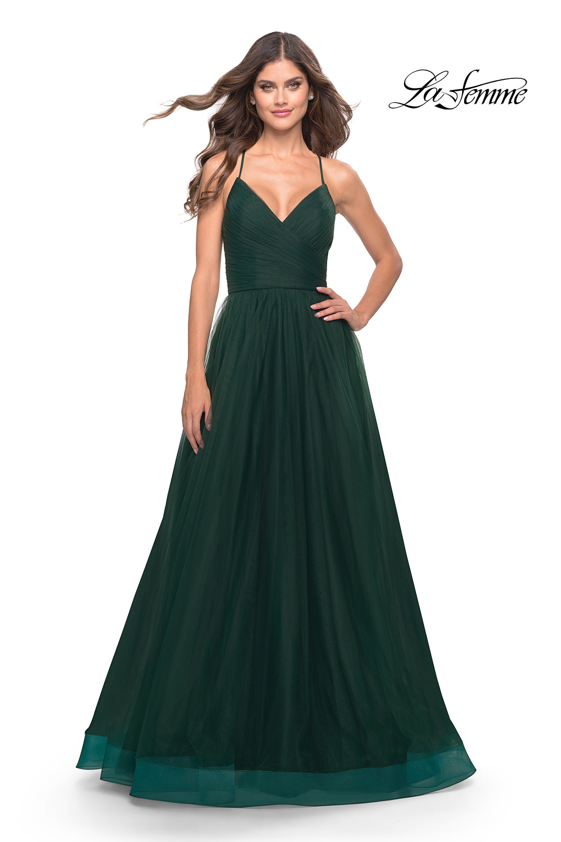 Picture of: Long Tulle A-line Gown with Side Slit and Pockets in Dark Emerald, Style: 28561, Detail Picture 10