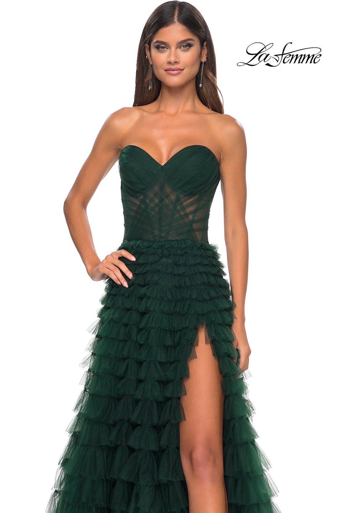 Picture of: A-Line Ruffle Tulle Prom Dress with Sweetheart Top in Dark Emerald, Style: 32283, Detail Picture 10