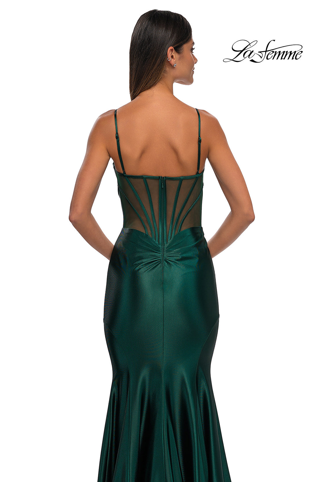 Picture of: Chic Stretch Satin Gown with Corset Top and Flare Skirt in Dark Emerald, Style: 32555, Detail Picture 10