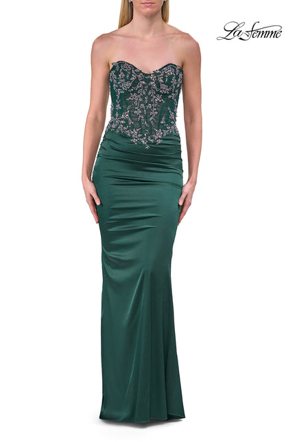 Picture of: Strapless Beaded Corset Satin Gown in Dark Emerald, Style: 33695, Detail Picture 10