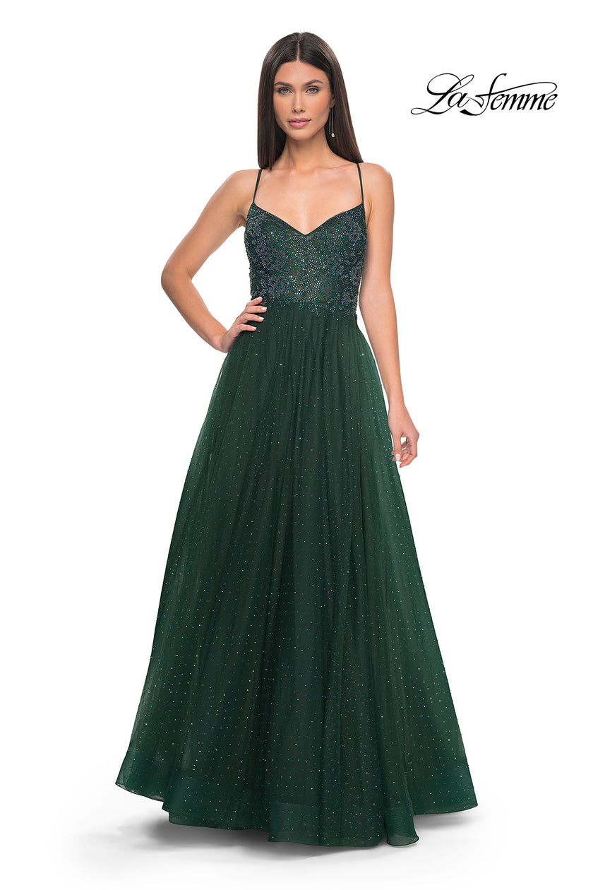 Picture of: Beautiful Rhinestone Beaded Illusion Top Tulle Prom Dress in Dark Emerald, Style: 32020, Detail Picture 11