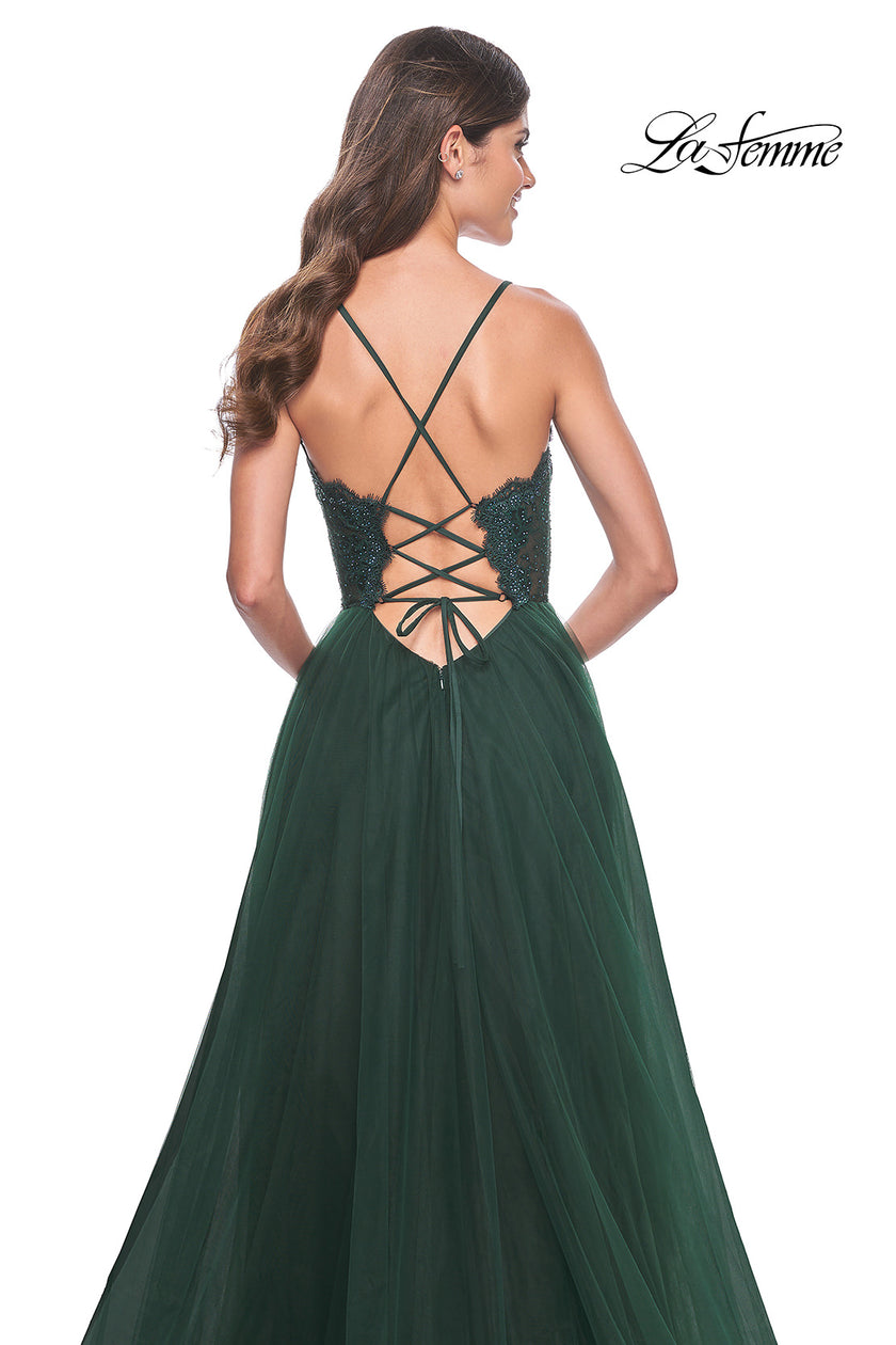 Picture of: Tulle Dress with Full Skirt and Sheer Lace Bodice in Dark Emerald, Style: 32306, Detail Picture 11