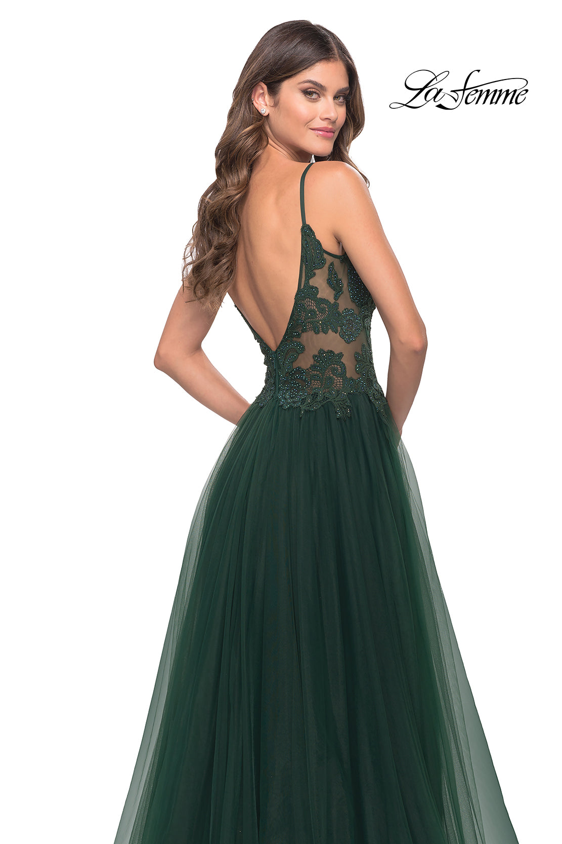 Picture of: A Line Tulle Gown with Lace Bodice and V Back in Dark Emerald, Style: 31507, Detail Picture 12