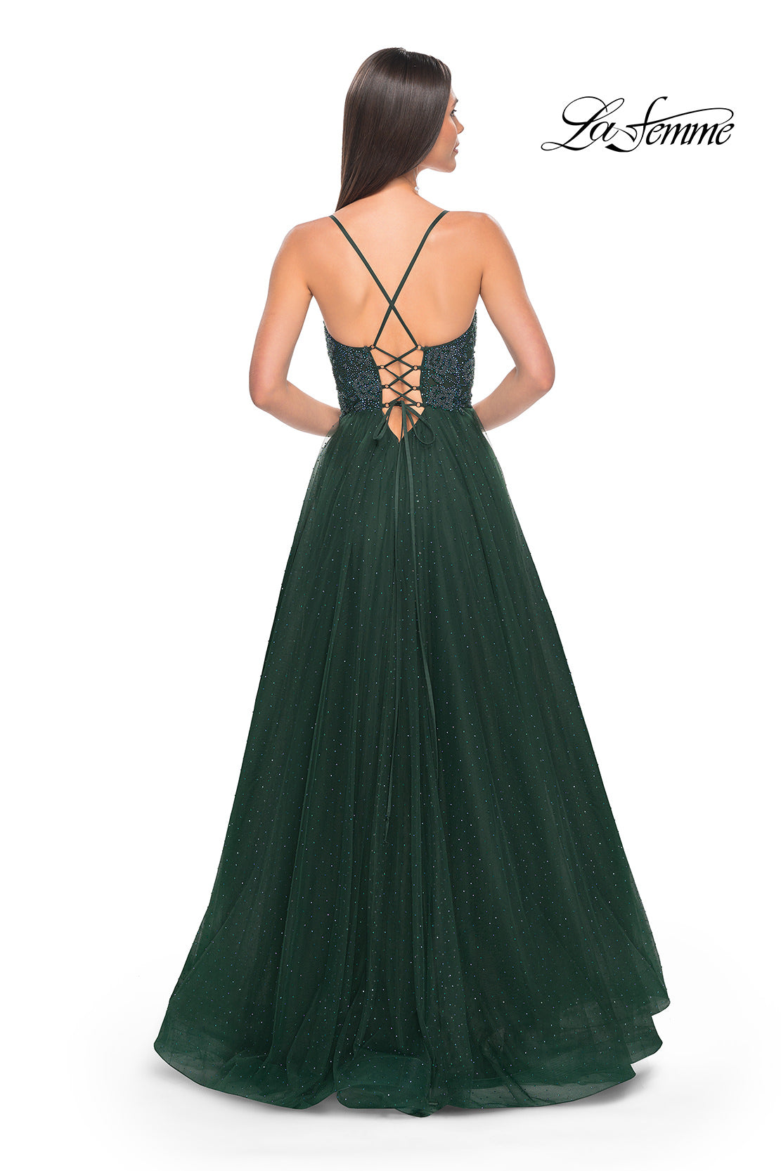 Picture of: Beautiful Rhinestone Beaded Illusion Top Tulle Prom Dress in Dark Emerald, Style: 32020, Detail Picture 12