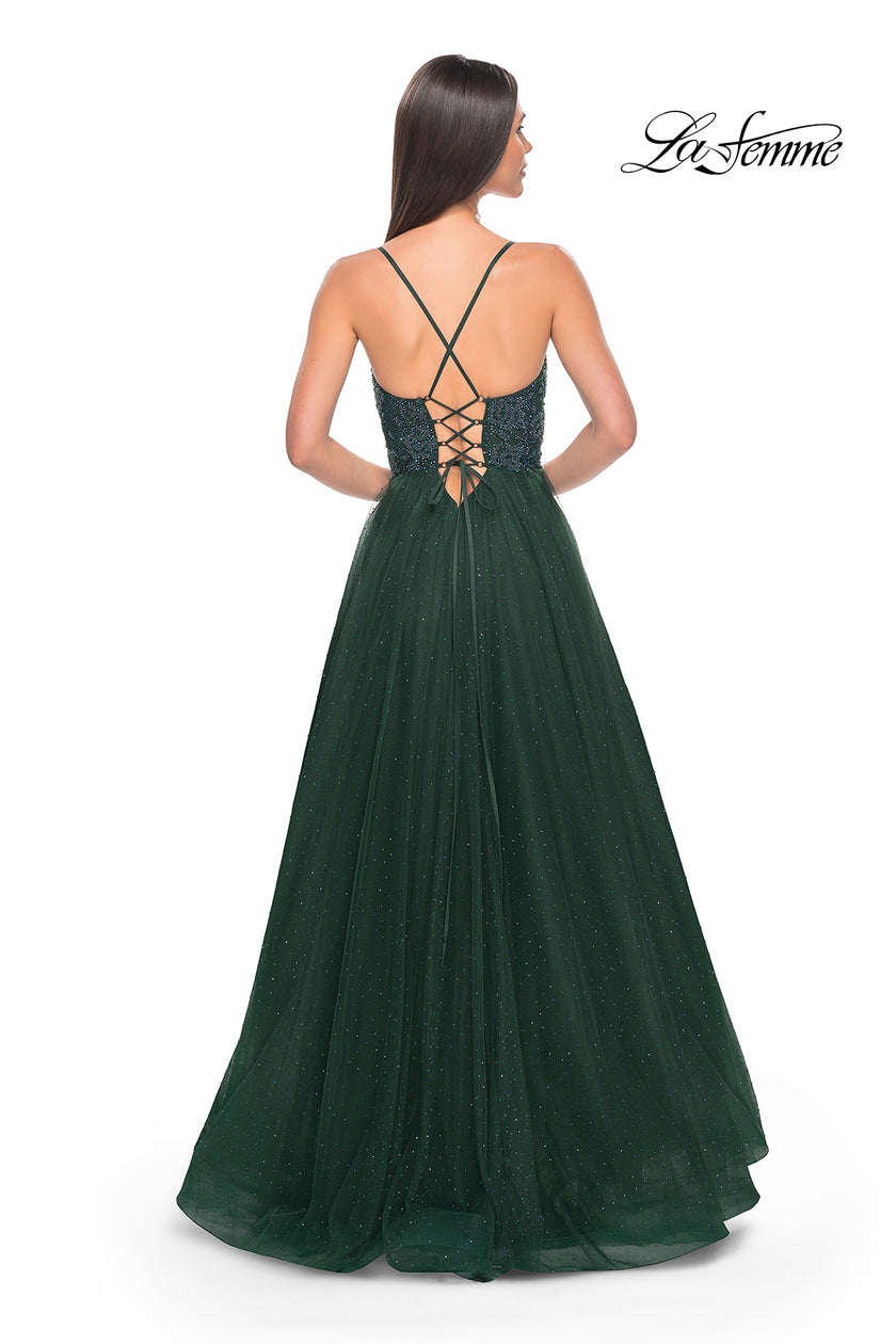 Picture of: Beautiful Rhinestone Beaded Illusion Top Tulle Prom Dress in Dark Emerald, Style: 32020, Detail Picture 12